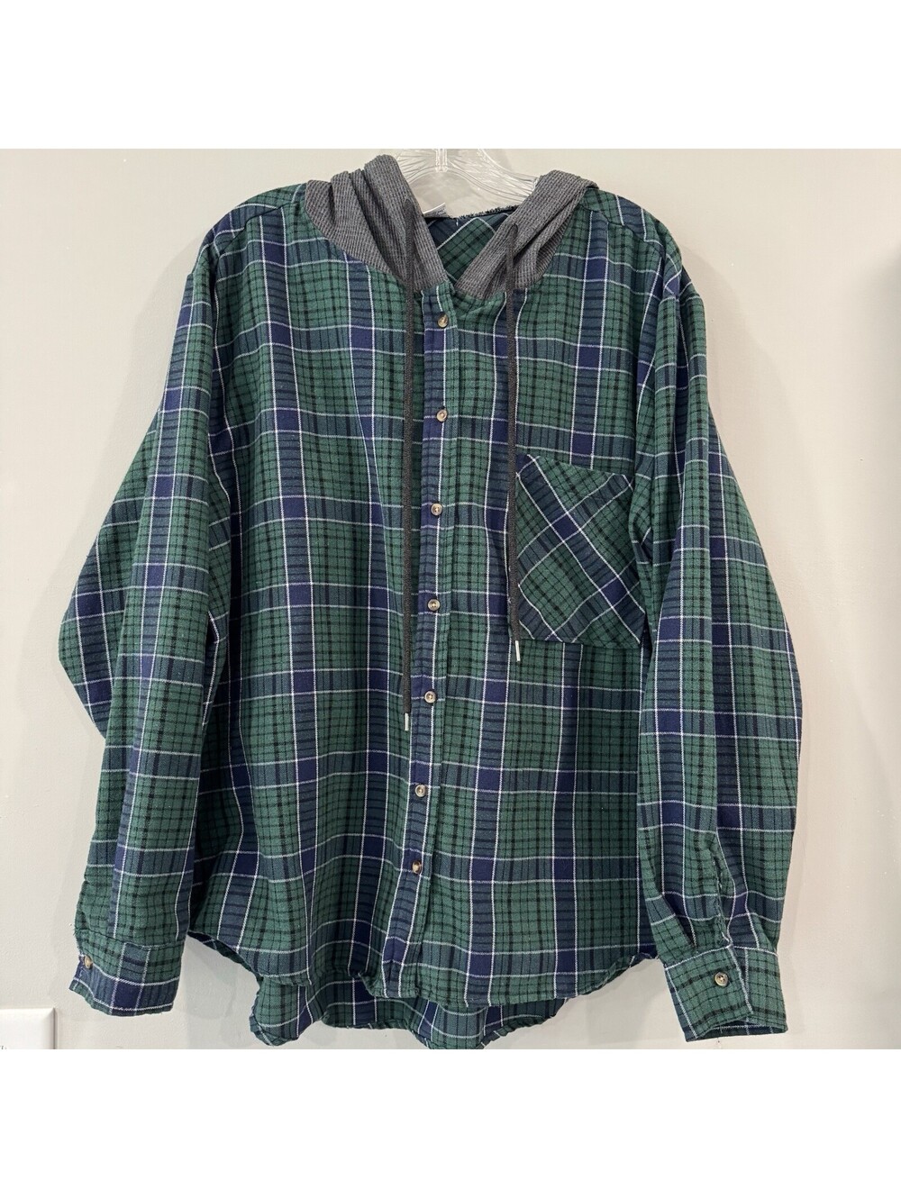 Rue 21 Green Blue Plaid Long Sleeve Hooded Button Up Knit Shirt Women's Size XL